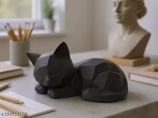Minimalist Sleeping Cat Figurine | Geometric Black Cat Statue for Home & Office Decor | Eco-Friendly Biodegradable Material | Perfect Gift for Cat Lovers
