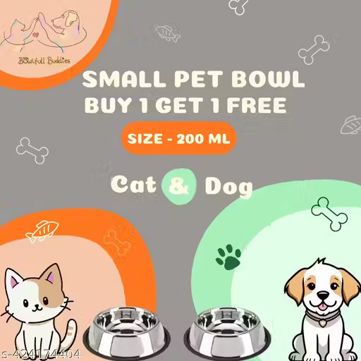 Stainless Steel Cat Feeding Bowls | Non-Slip Rubber Base | Rust-Free, Durable Food & Water Bowls for Small Pets (Pack of 2 | 200 ml | Silver | Buy 1 Get 1)