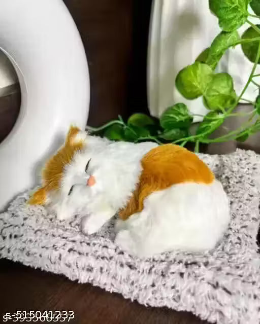 Chipwood Adorable Soft Fur Sleeping Cat | Car Dashboard & Home Decor Gift | Realistic Cat Figurine on Cushion for Cat Lovers | Perfect for Office, Table, or Gifting (White)